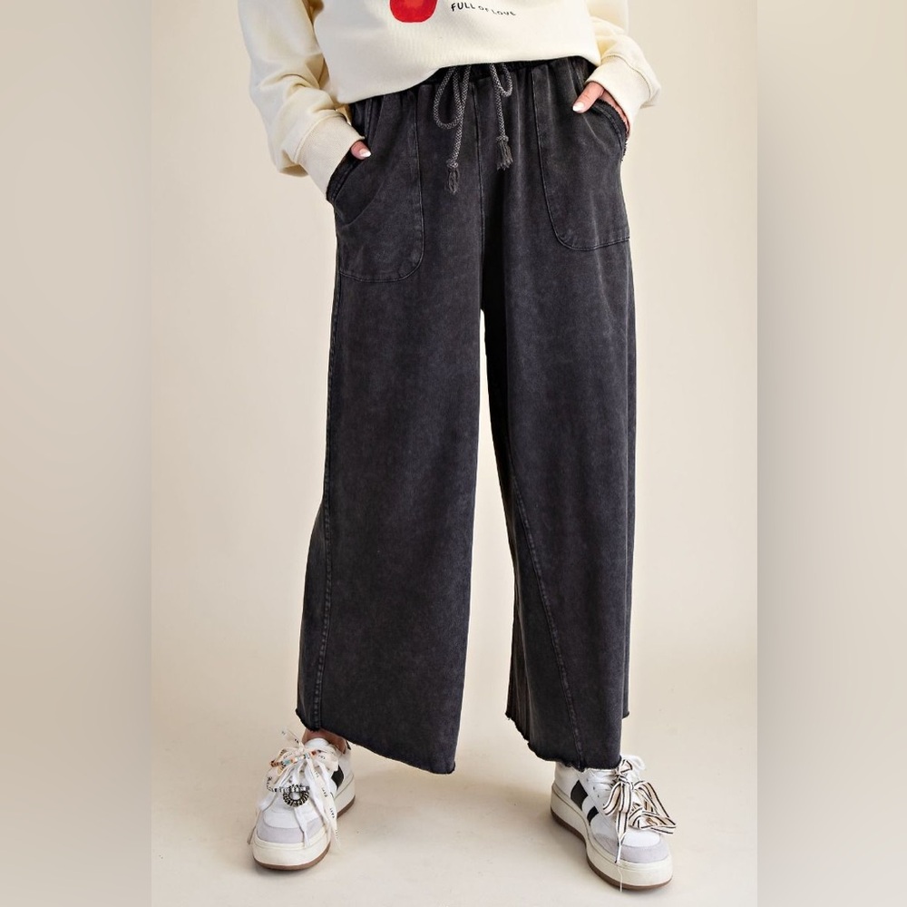 128 Easel BLACK washed terry knit wide leg pants NWT S M L cotton summer beach